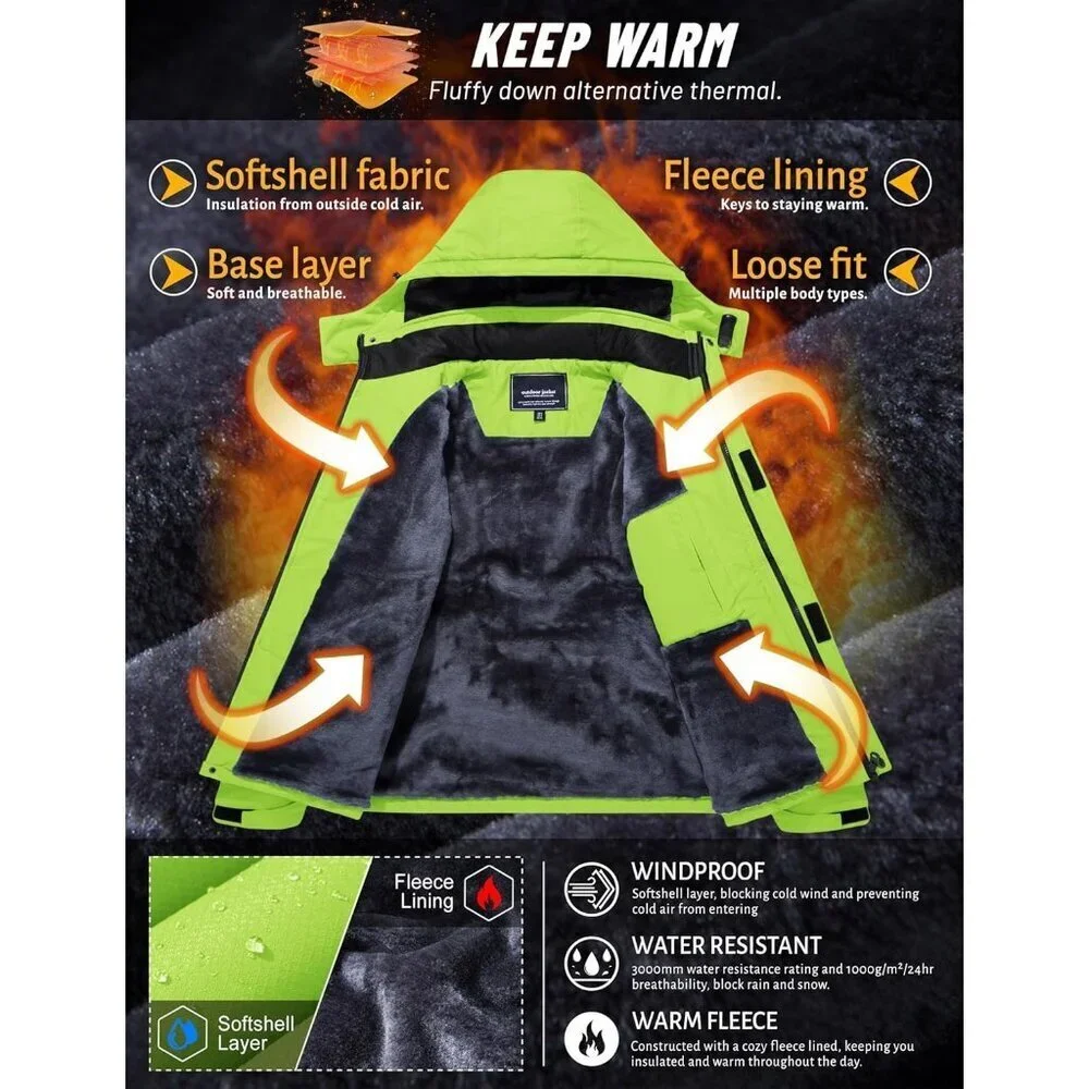 Men's #215 Bright Green Winter Ski Jacket Water Resistant Fleece Hooded Parka